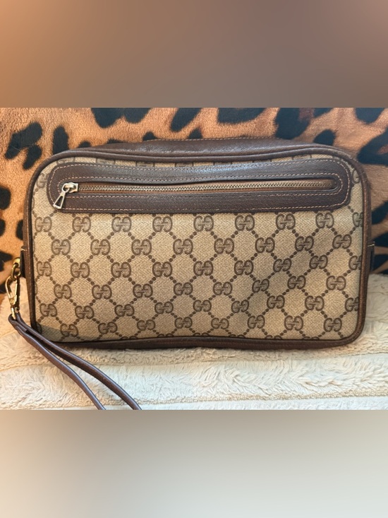 Gucci Handbags - Gucci Beige and Brown Monogram Clutch Wristlet